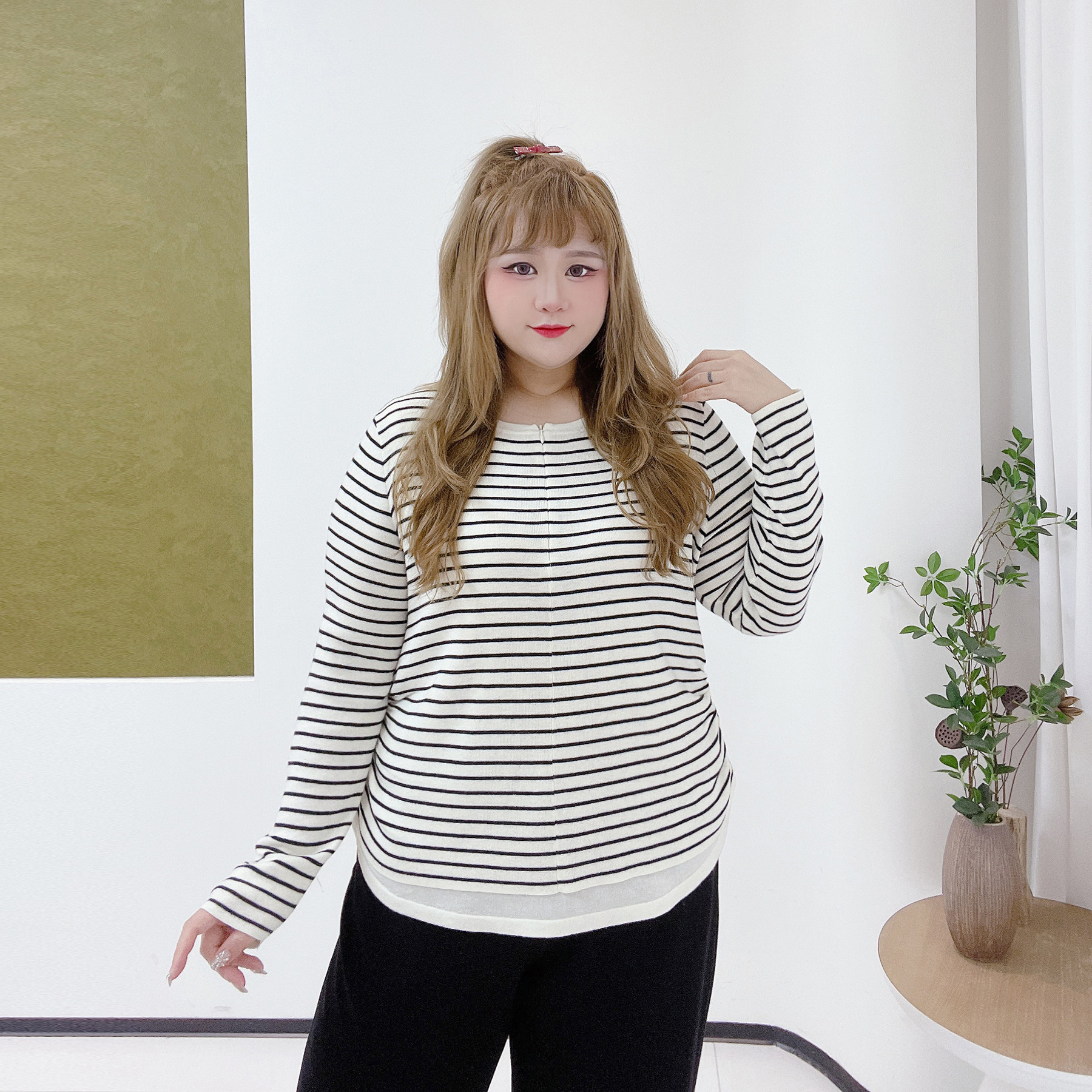 休闲风收腰百搭拉链打底衫胖莹莹大码女装秋冬假两件条纹内搭毛衣,淘宝优惠券,粉丝福利购,淘宝优惠卷