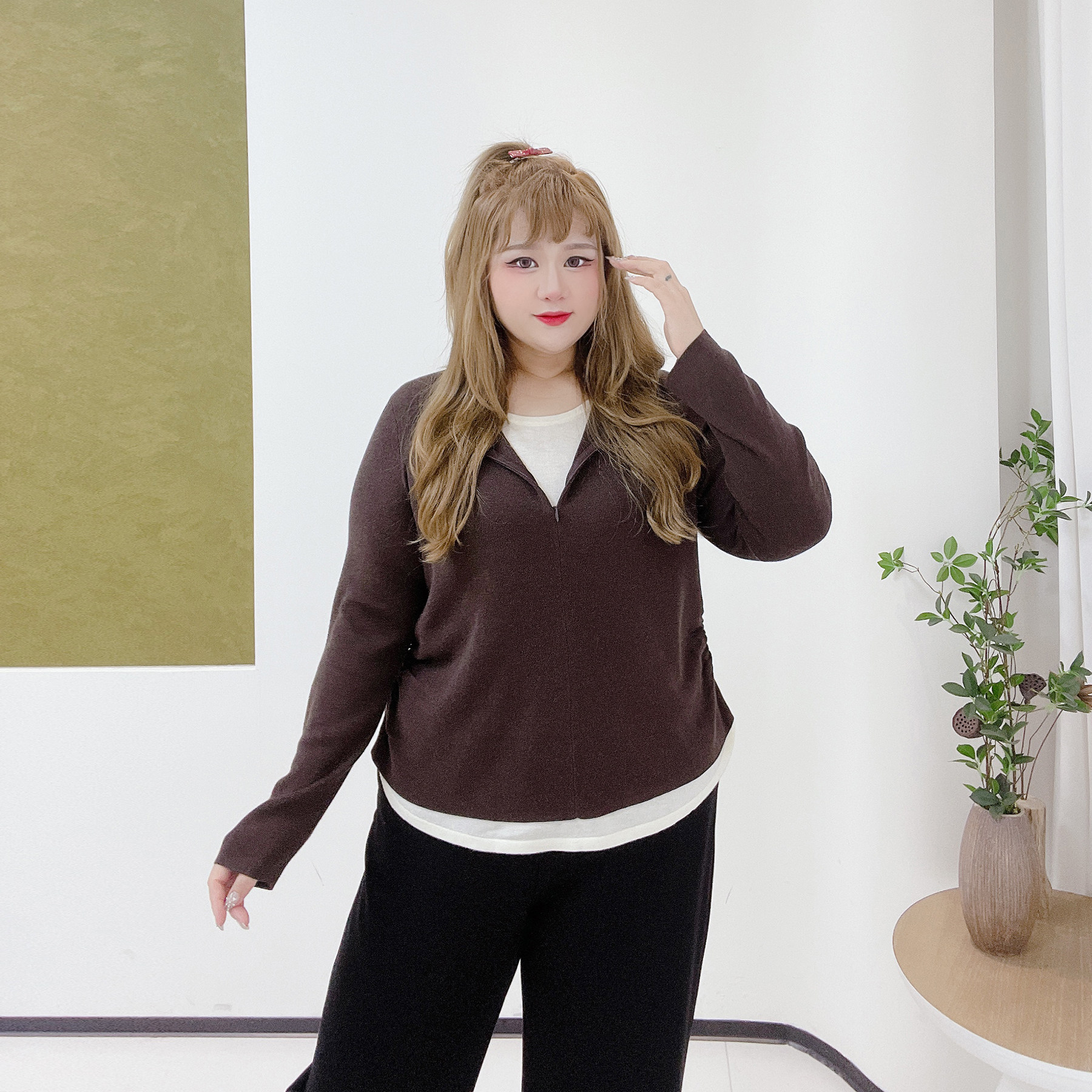 休闲风收腰百搭拉链打底衫胖莹莹大码女装秋冬假两件条纹内搭毛衣,淘宝优惠券,粉丝福利购,淘宝优惠卷