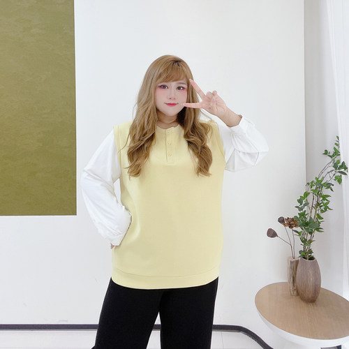 小清新圆领拼色遮肉上衣胖莹莹大码女装春季学院风衬衫假两件卫衣 - 图1