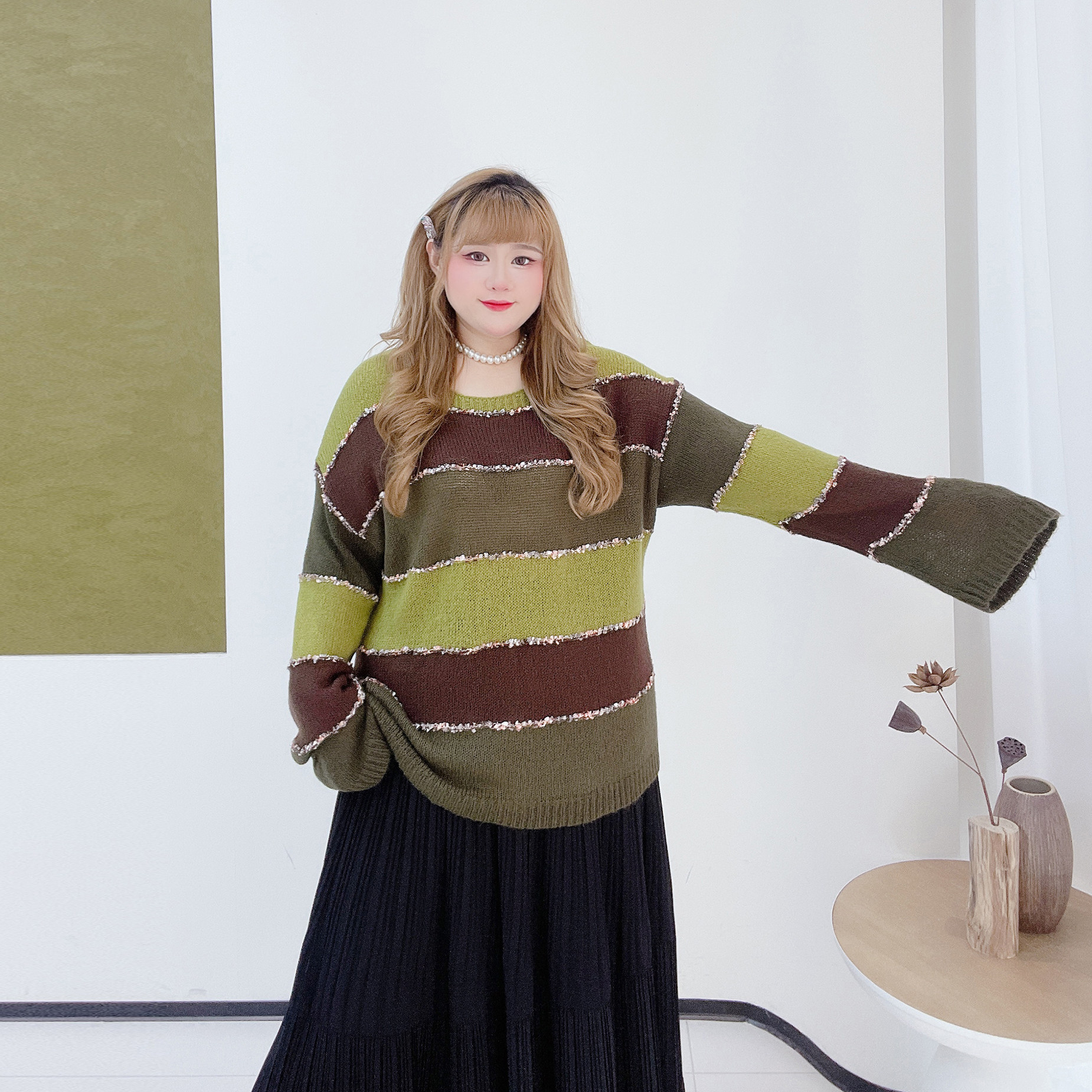 小众喇叭袖毛边套头毛衣胖莹莹大码女装秋冬慵懒风撞色条纹针织衫,淘宝优惠券,粉丝福利购,淘宝优惠卷