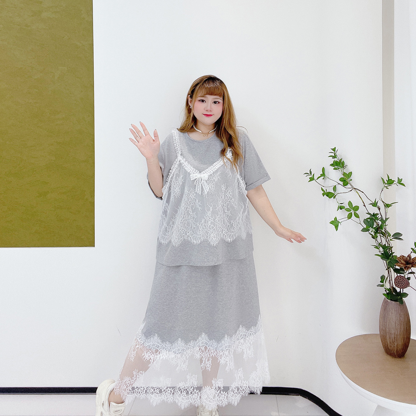 甜美风遮肉三件套装胖莹莹大码女装夏蕾丝吊带时尚T恤拼接半身裙,淘宝优惠券,粉丝福利购,淘宝优惠卷