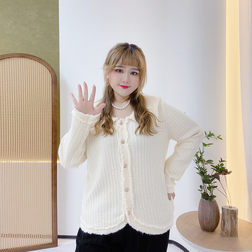 甜美肌理感针织开衫胖仙女莹莹大码女装胖mm春娃娃领百搭显瘦上衣 - 图0