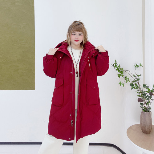 300斤遮肉保暖派克服加厚外套胖莹莹大码女装冬季连帽过膝羽绒服 - 图2