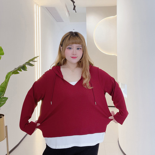 胖仙女莹莹大码女装胖mm春季连帽休闲小个子显瘦百搭假两件T恤衫 - 图1