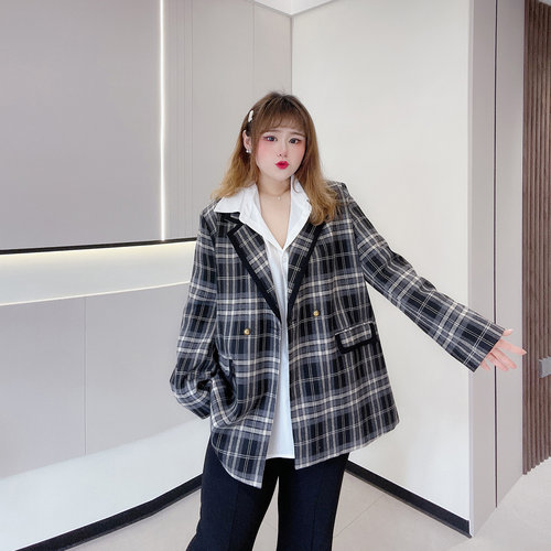 长短款外套胖仙女莹莹大码女装胖mm秋季气质风衣宽松复古格纹西服 - 图1