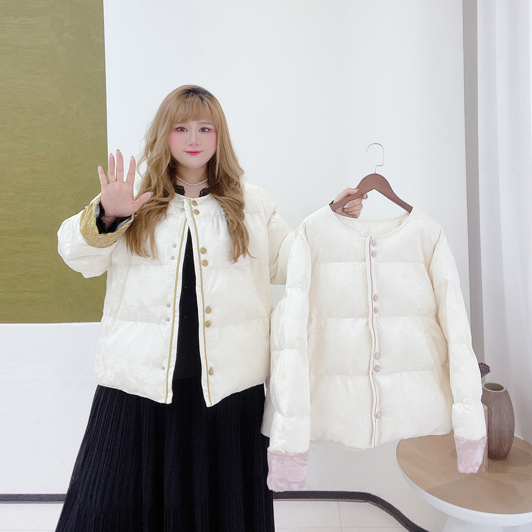 高级感新中式暗纹提花棉服胖莹莹大码女装冬季撞色甜美风加厚外套,淘宝优惠券,粉丝福利购,淘宝优惠卷