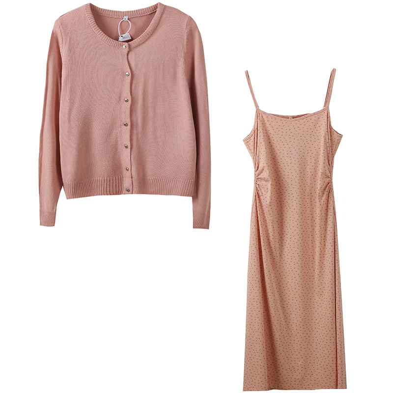 胖仙女莹莹大码女装胖mm秋季遮肉针织开衫捻褶碎花吊带连衣裙套装,淘宝优惠券,粉丝福利购,淘宝优惠卷