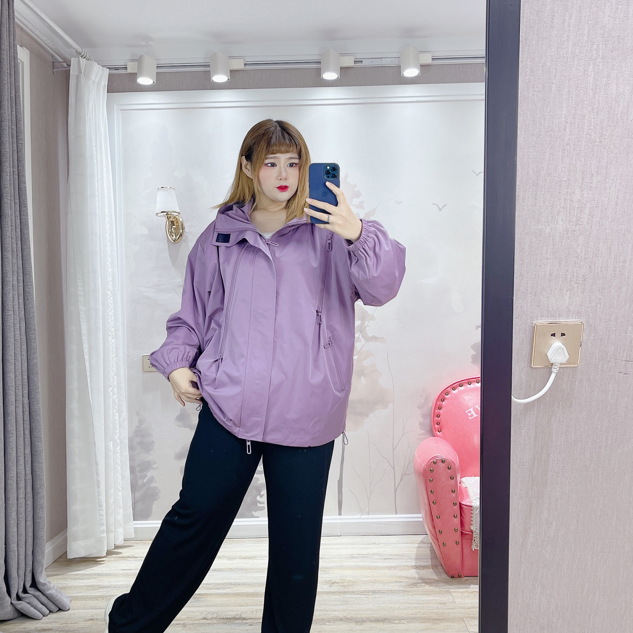 胖仙女莹莹大码女装胖MM秋季韩时尚遮肉宽松百搭连帽卫衣潮外套女 - 图0