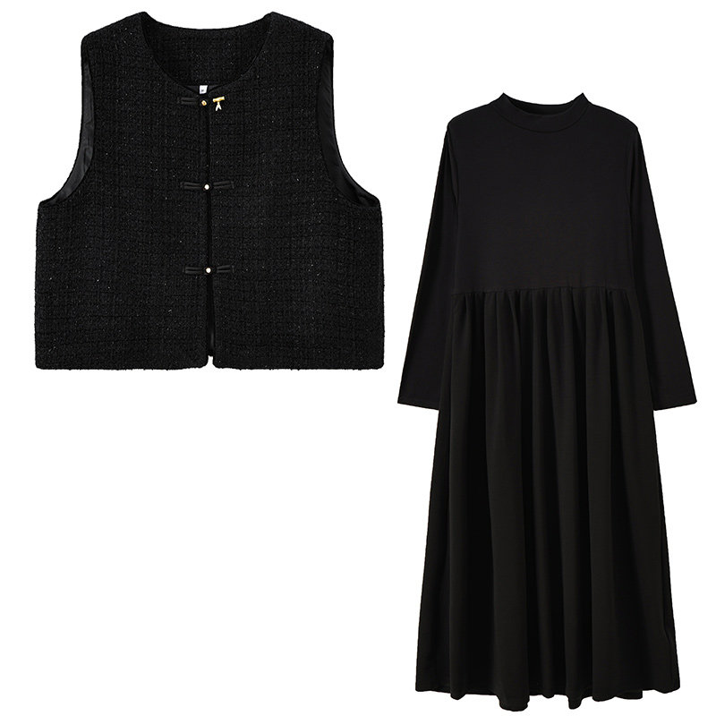 新中式盘扣细闪马甲胖莹莹大码女装秋冬半高领连衣裙气质小香套装,淘宝优惠券,粉丝福利购,淘宝优惠卷