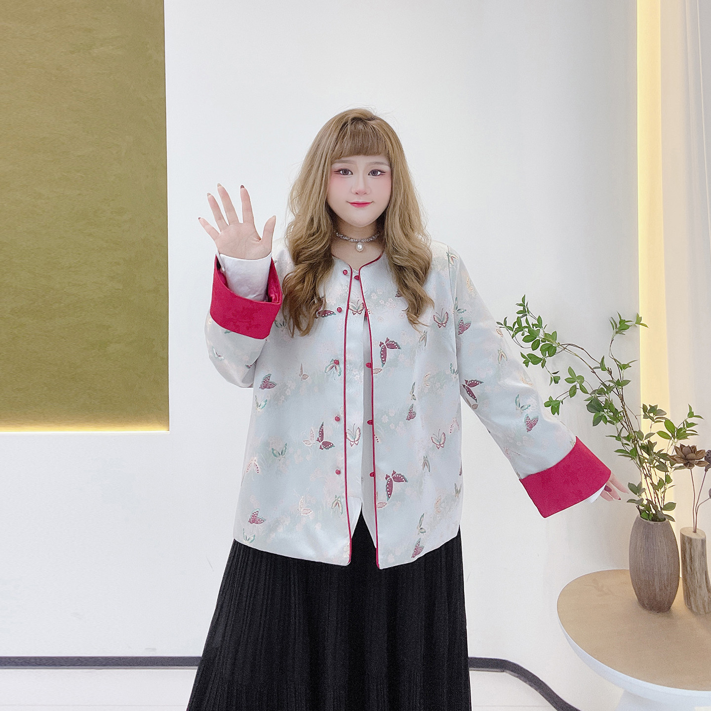 2025新中式高级感遮肉外套胖莹莹大码女装秋气质撞色提花肌理上衣,淘宝优惠券,粉丝福利购,淘宝优惠卷