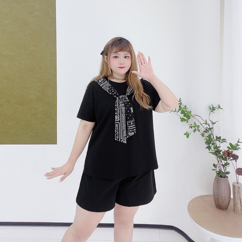 气质丝巾遮肉T恤衫胖莹莹大码女装夏季休闲开叉百搭正肩短袖上衣 - 图1