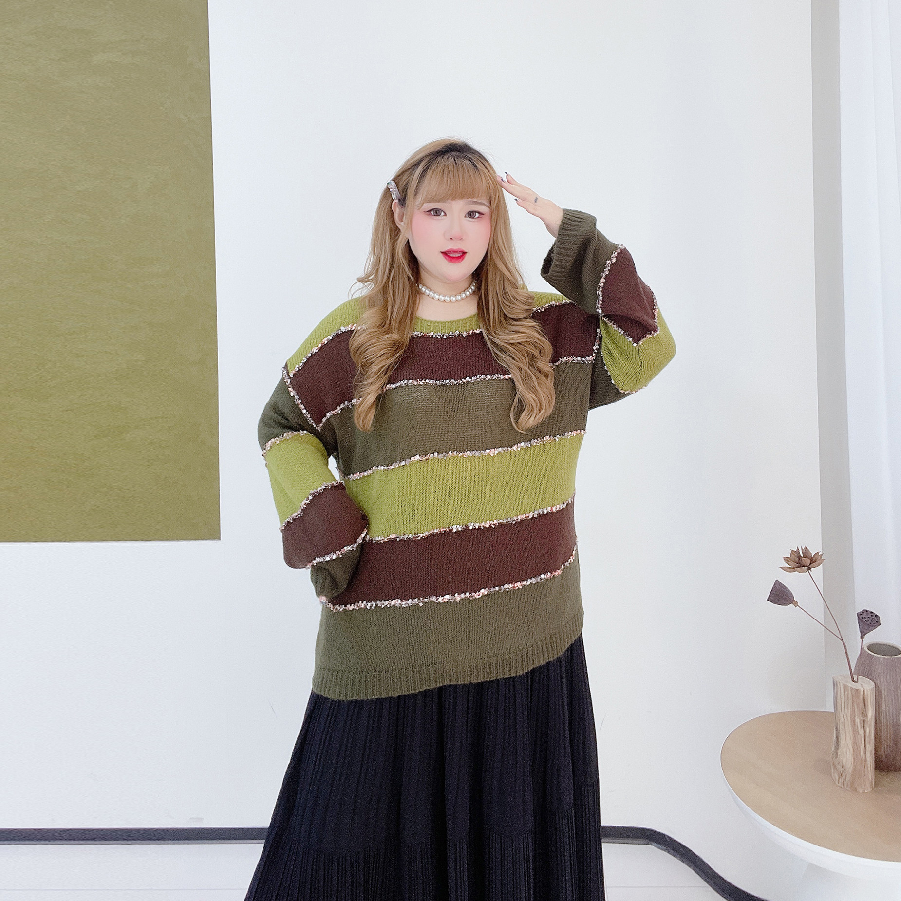 小众喇叭袖毛边套头毛衣胖莹莹大码女装秋冬慵懒风撞色条纹针织衫,淘宝优惠券,粉丝福利购,淘宝优惠卷