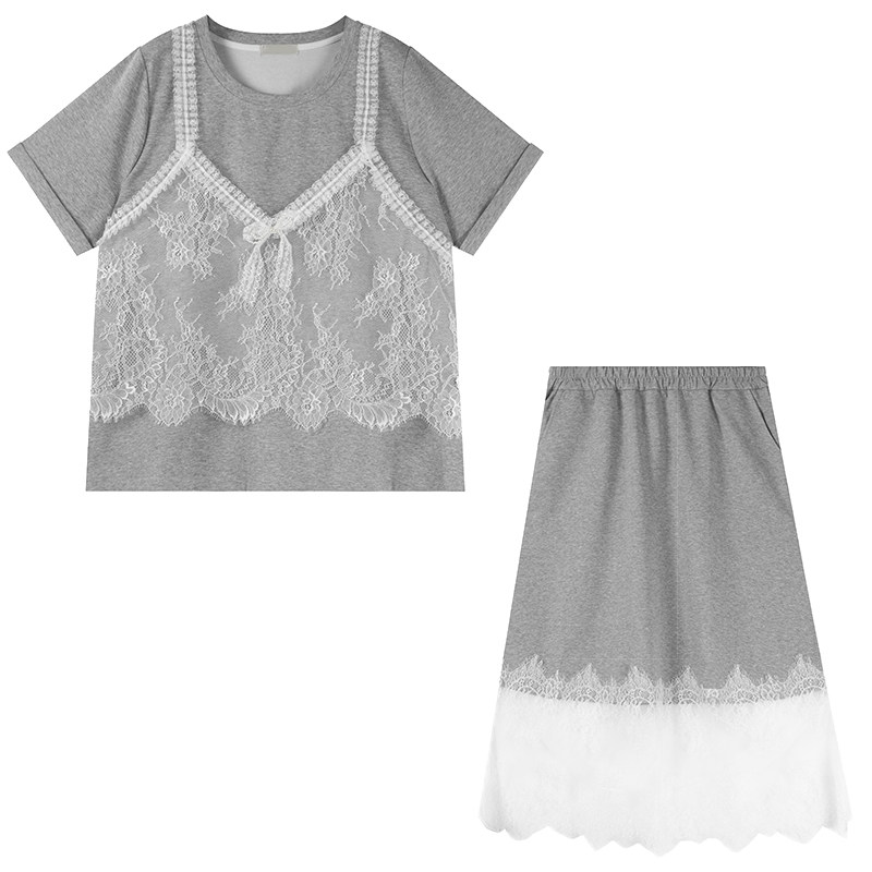 甜美风遮肉三件套装胖莹莹大码女装夏蕾丝吊带时尚T恤拼接半身裙,淘宝优惠券,粉丝福利购,淘宝优惠卷