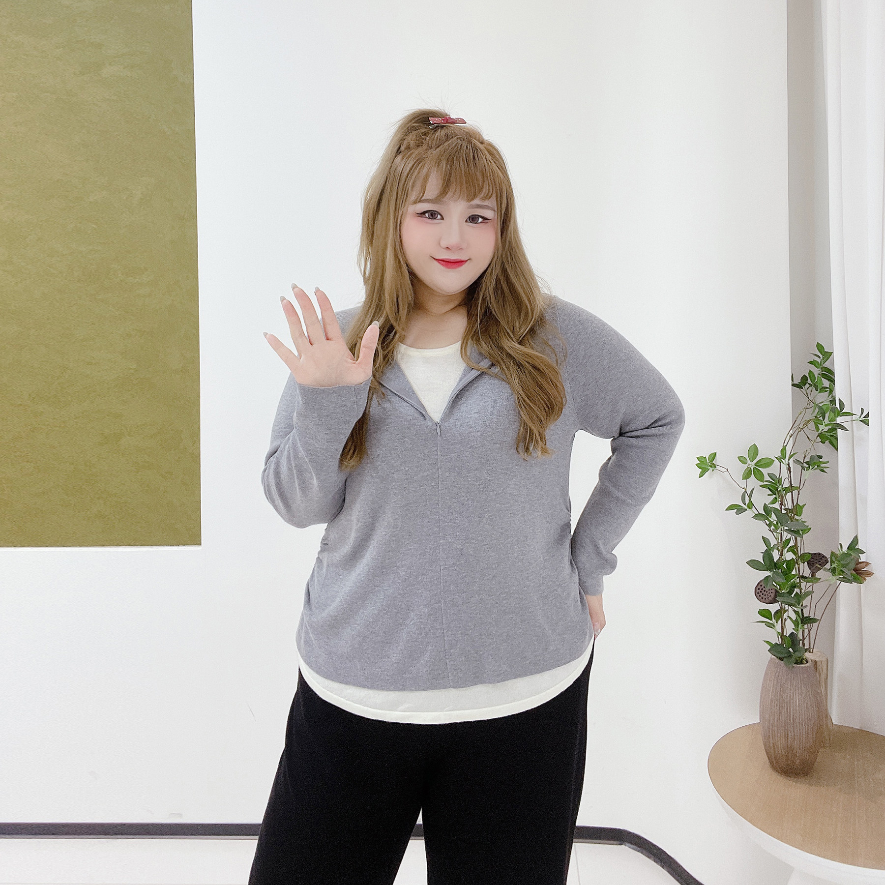 休闲风收腰百搭拉链打底衫胖莹莹大码女装秋冬假两件条纹内搭毛衣,淘宝优惠券,粉丝福利购,淘宝优惠卷