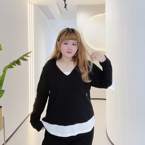 胖仙女莹莹大码女装胖mm春季连帽休闲小个子显瘦百搭假两件T恤衫 - 图2
