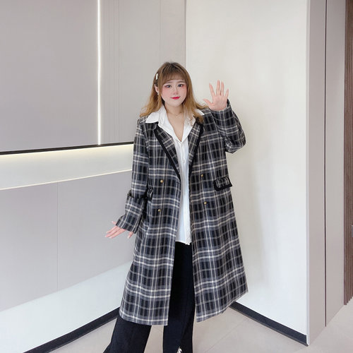 长短款外套胖仙女莹莹大码女装胖mm秋季气质风衣宽松复古格纹西服 - 图0