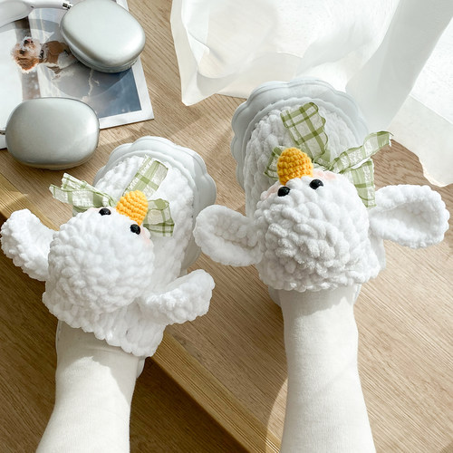 手工编织冰条线拖鞋diy材料包毛线自制钩针保暖拖鞋情侣家居秋冬 - 图0