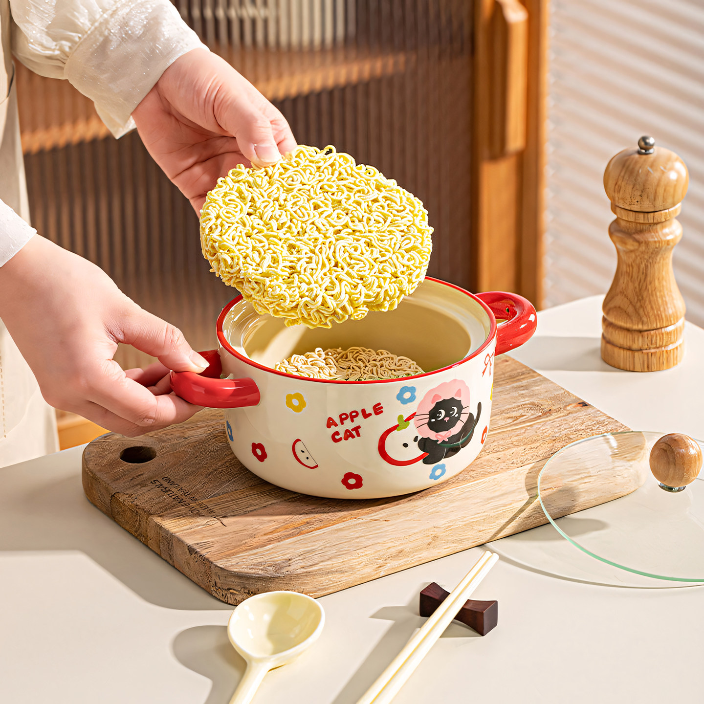 可爱陶瓷泡面碗带盖餐具学生宿舍大容量面碗个人专用双耳高颜值,淘宝优惠券,粉丝福利购,淘宝优惠卷