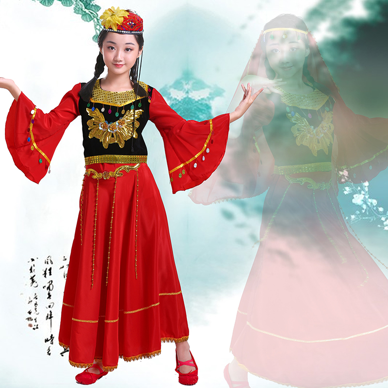 新疆维吾尔族儿童舞蹈现代广场男女印度肚皮喜庆红色大摆裙演出服