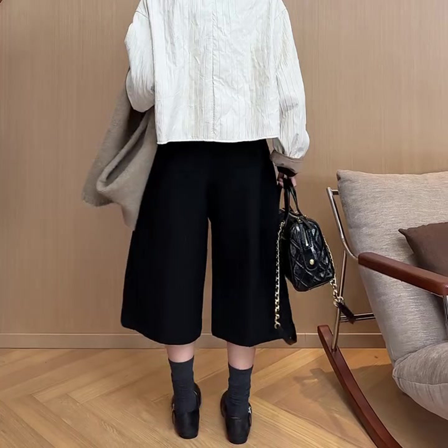 黑色慵懒风日系毛呢中裤2025大码胖mm气质百搭阔腿女裤子秋款视觉,淘宝优惠券,粉丝福利购,淘宝优惠卷