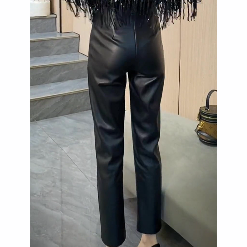 通勤风黑色紧身皮裤女2025秋季新款高级感时髦显瘦百搭九分烟管裤,淘宝优惠券,粉丝福利购,淘宝优惠卷