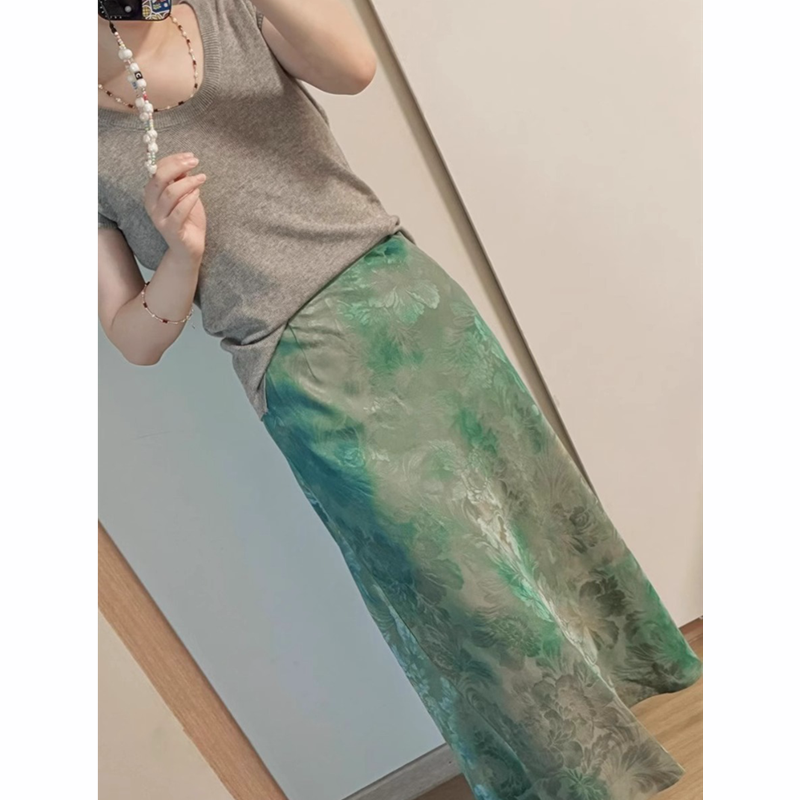 轻国风气质优雅百搭a字裙女2025夏季新款高腰显瘦绿色印花半身裙,淘宝优惠券,粉丝福利购,淘宝优惠卷