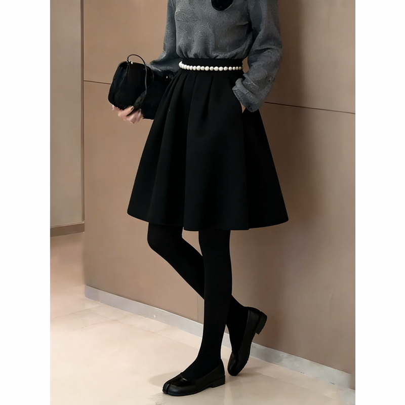 韩系黑色加厚毛呢A字半身裙女2025冬季新款高腰显瘦百搭花苞短裙,淘宝优惠券,粉丝福利购,淘宝优惠卷