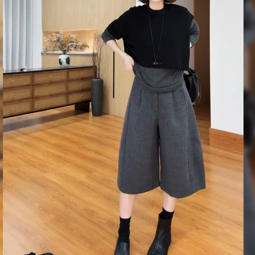秋款视觉灰色慵懒风日系毛呢中裤2025大码胖mm气质百搭阔腿女裤子,淘宝优惠券,粉丝福利购,淘宝优惠卷