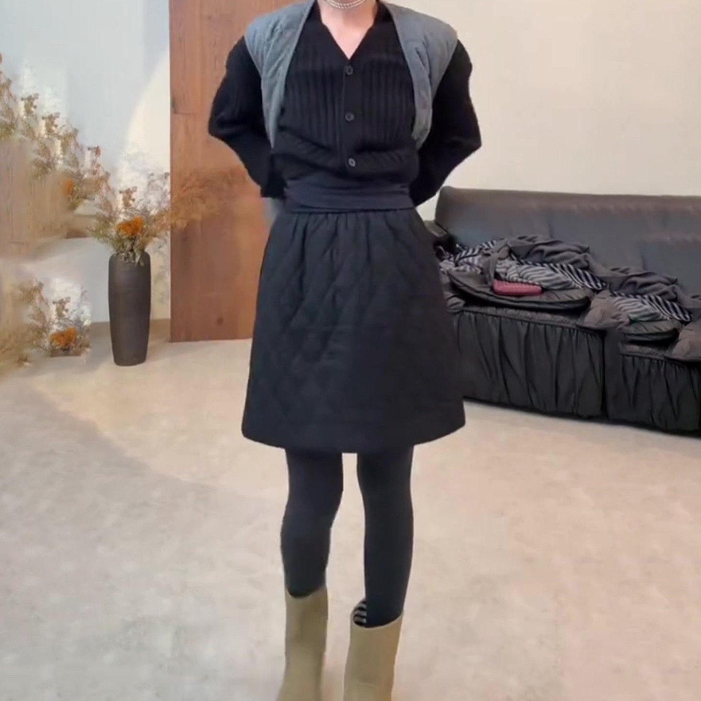 黑色夹棉短裙女秋冬新款松紧腰显瘦遮肉时尚百搭减龄休闲半身裙子,淘宝优惠券,粉丝福利购,淘宝优惠卷