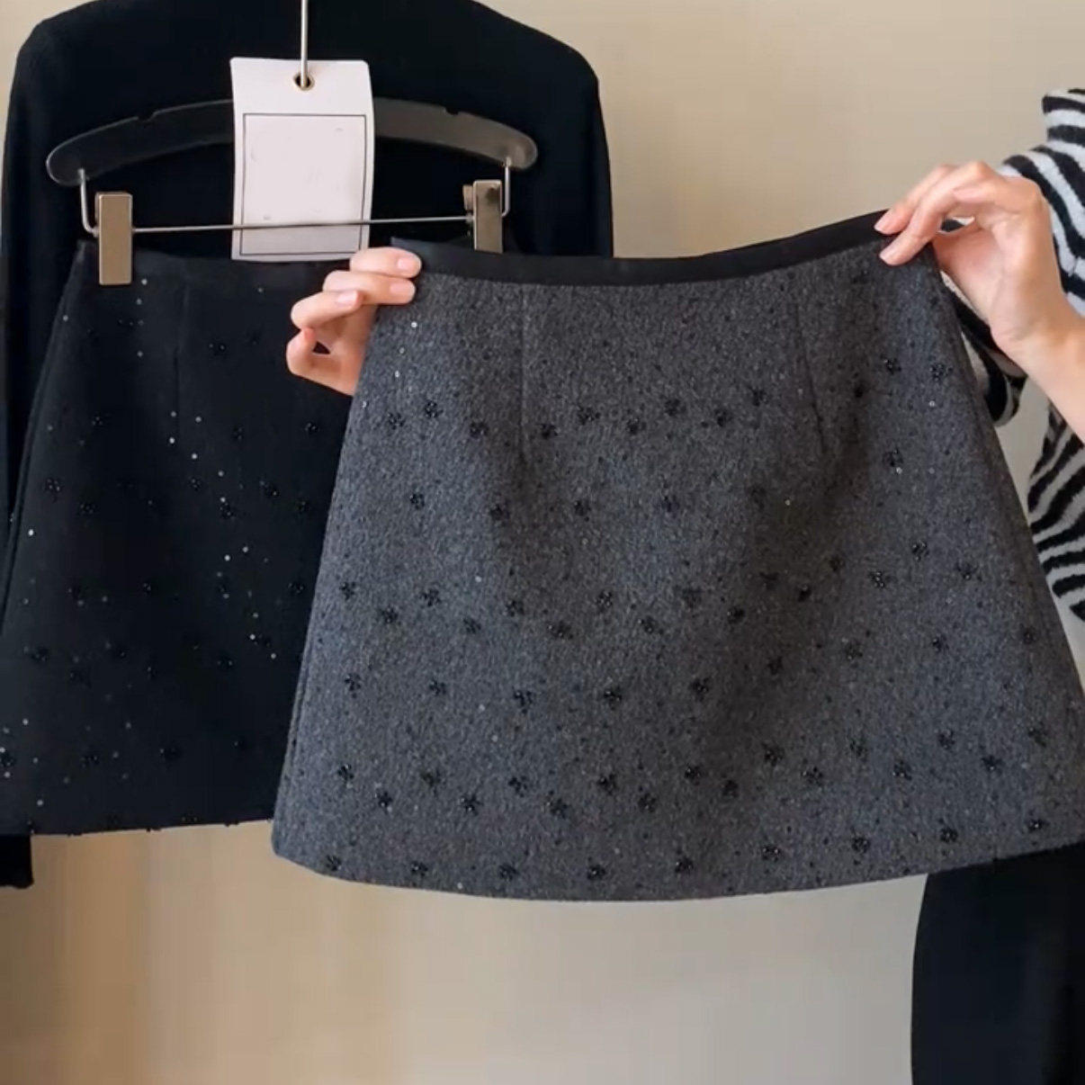重工亮片毛呢半身裙女秋冬新款高腰显瘦闪亮钉钻时尚百搭A字短裙,淘宝优惠券,粉丝福利购,淘宝优惠卷