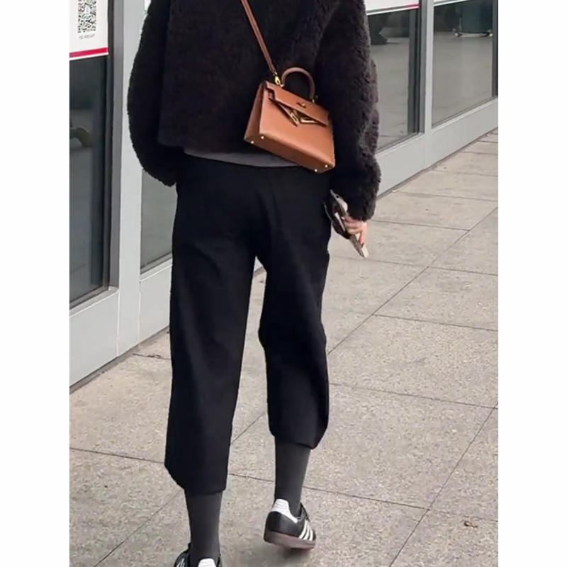 日系小众黑色八分毛呢裤女秋冬2025新款松弛腔调加厚休闲阔腿裤子,淘宝优惠券,粉丝福利购,淘宝优惠卷