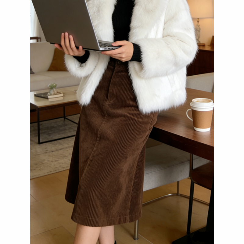 时髦大女主深棕色灯芯绒直筒裙2025秋冬漂亮独特高级感百搭半身裙 - 图0