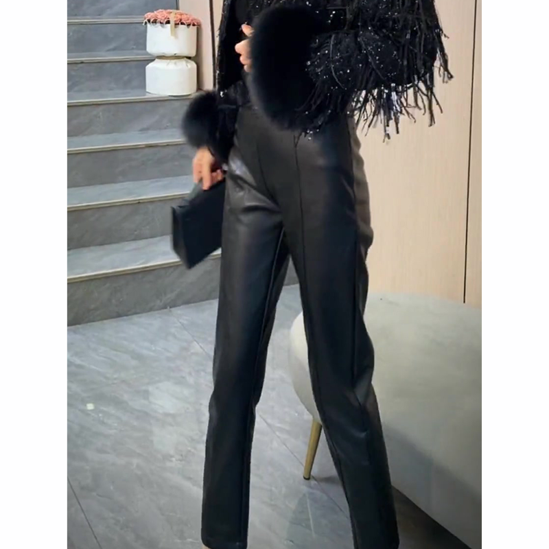 通勤风黑色紧身皮裤女2025秋季新款高级感时髦显瘦百搭九分烟管裤,淘宝优惠券,粉丝福利购,淘宝优惠卷
