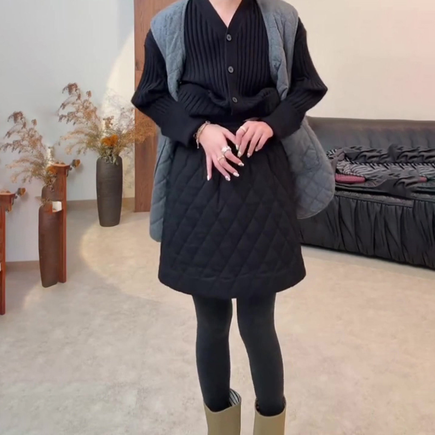 黑色夹棉短裙女秋冬新款松紧腰显瘦遮肉时尚百搭减龄休闲半身裙子,淘宝优惠券,粉丝福利购,淘宝优惠卷