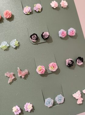 小众几何绽放蓝色玫瑰花耳钉耳环女超仙森系素款小清新耳饰新款潮