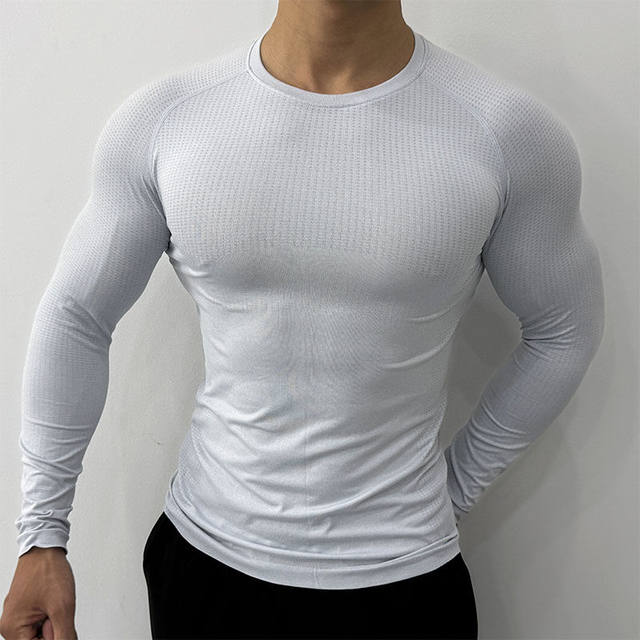 Seamless jacquard fitness long-sleeved T-shirt sports outdoor men's slim-fit quick-drying elastic training top round neck