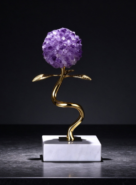 现代轻奢粉晶花大理石底座摆件