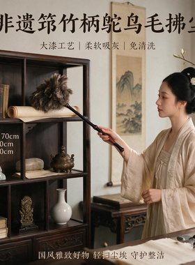 鸡毛掸鸵鸟毛大漆长柄拂尘/非遗筇竹手柄免清洗拂尘掸灰家居好物