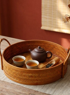 手工筇竹编收纳篮圆形茶点篮老钱风度假家用品收纳筐点心收纳筐