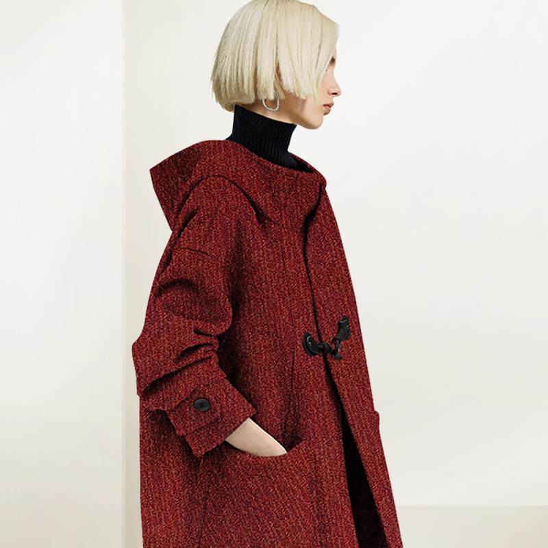 兰卡时尚宽松连帽红色呢子大衣2025年冬装新款显瘦毛呢减龄外套女,淘宝优惠券,粉丝福利购,淘宝优惠卷