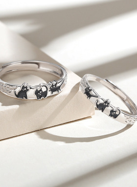 原创淘气猫咪S925纯银开口对戒