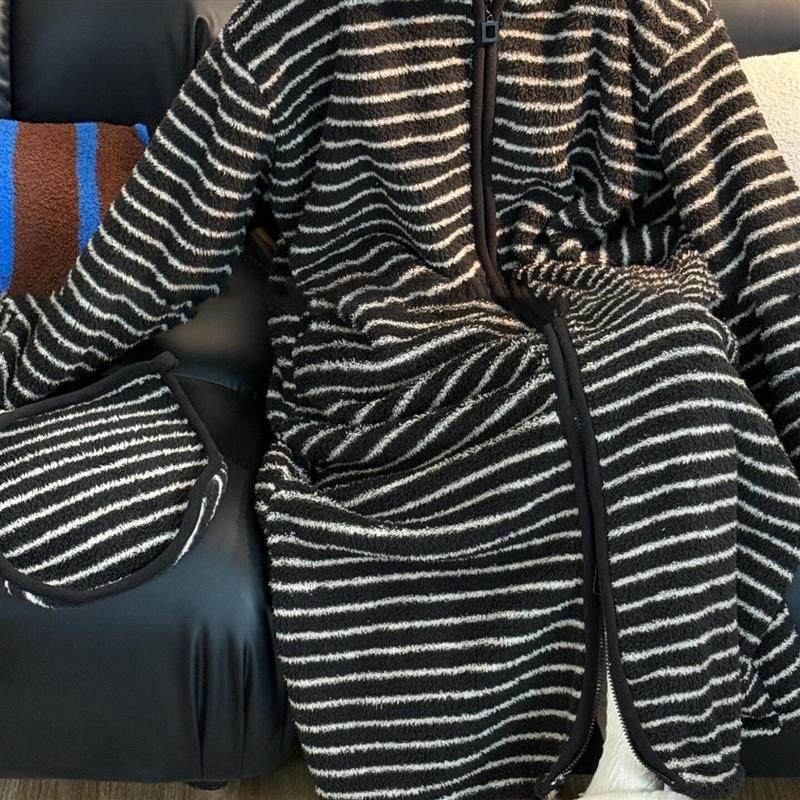 韩版黑白条纹珊瑚绒睡衣女款冬季大码加厚连帽睡袍家居服睡裙秋冬,淘宝优惠券,粉丝福利购,淘宝优惠卷