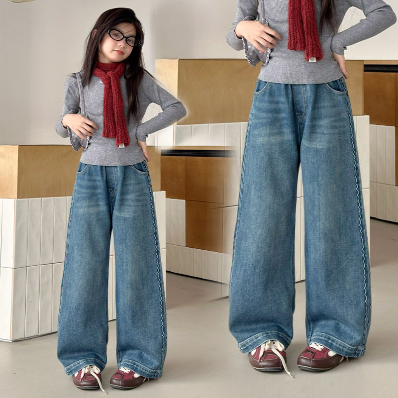 韩国女童牛仔裤2025秋冬装新款女大童初中生儿童一体绒加厚直筒裤,淘宝优惠券,粉丝福利购,淘宝优惠卷