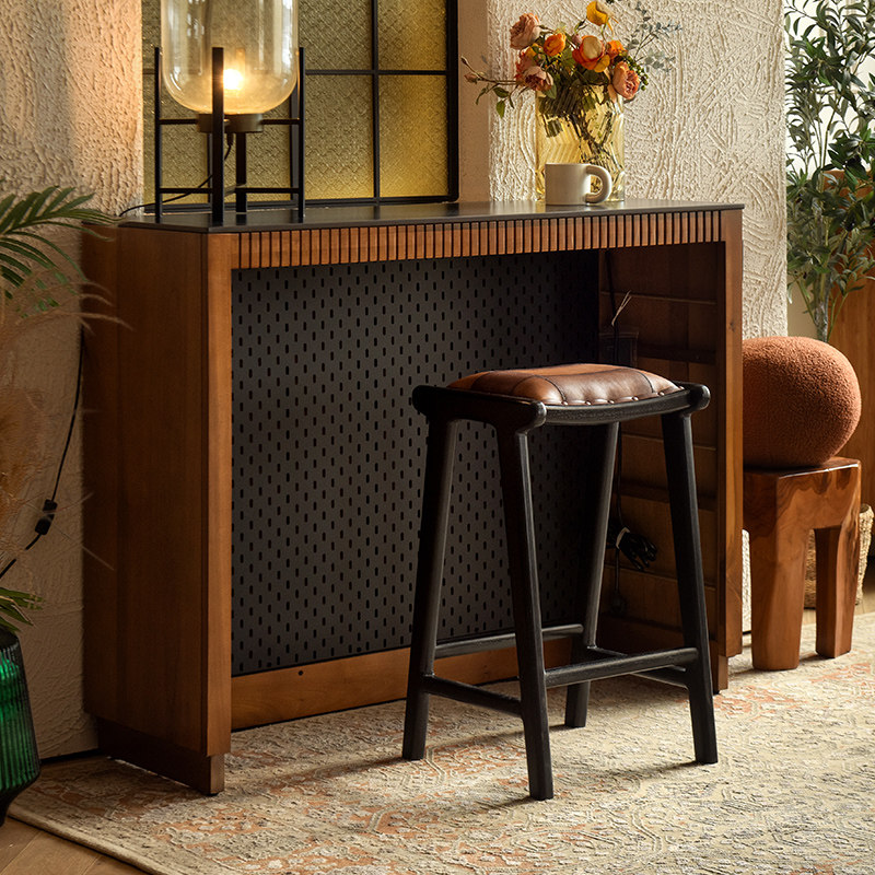 进口实木高脚凳头层牛皮柚木复古吧凳餐椅家用真皮设计师中古凳子,淘宝优惠券,粉丝福利购,淘宝优惠卷
