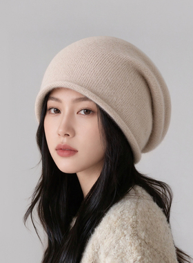 100%纯羊毛冷帽女秋冬新款宽松纯色堆堆针织帽百搭包头帽保暖帽子