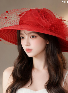 法式复古玫瑰网纱防晒大檐礼帽女