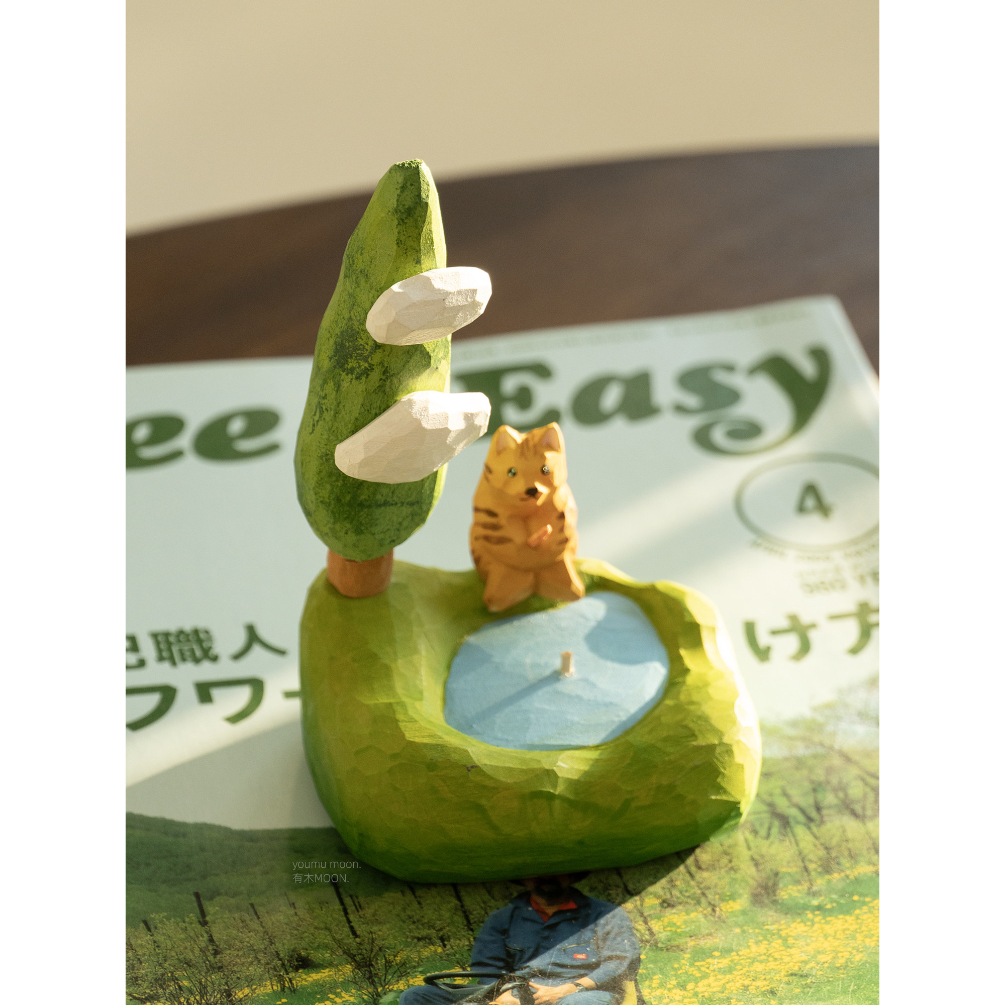 会钓鱼的猫 湖畔木雕纯手工治愈景观桌面摸鱼摆件礼物礼品高级感,淘宝优惠券,粉丝福利购,淘宝优惠卷