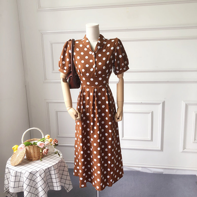 2022夏季新款法式小清新气质百搭V领波点印花中长款桔梗连衣裙女,淘宝优惠券,粉丝福利购,淘宝优惠卷