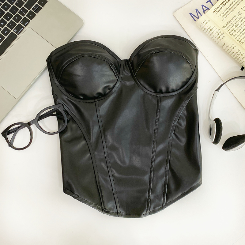 酷辣性感PU皮修身显瘦无袖抹胸不规则短款背心上衣女2025秋季新款 - 图0