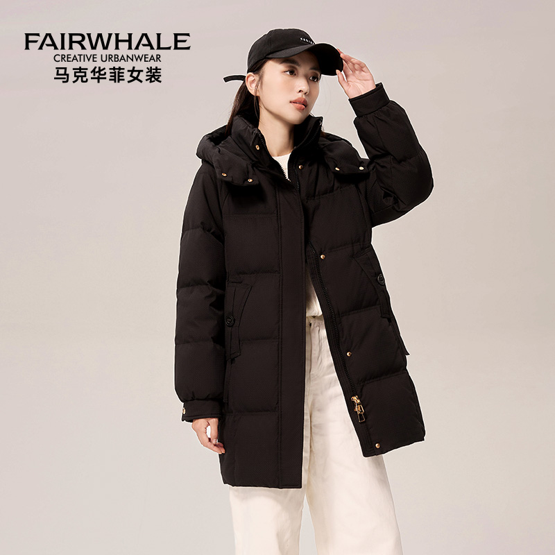 马克华菲中长款羽绒服女款冬季2025新款百搭可拆卸帽保暖防风外套